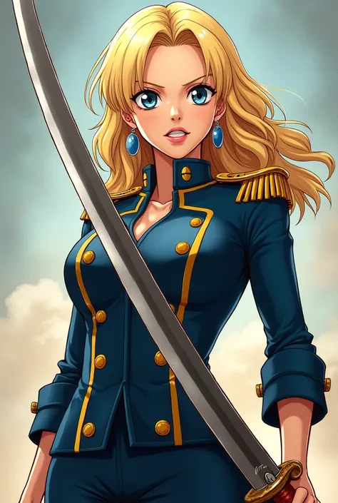 A wavy blonde hair women in mariner uniform(one piece the animation) hold katana sword