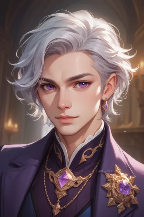 A prince, purple eyes, medium length silver hair, pale skin, Scandinavian, purple suit, fantasy clothing, highly detailed digital art. 