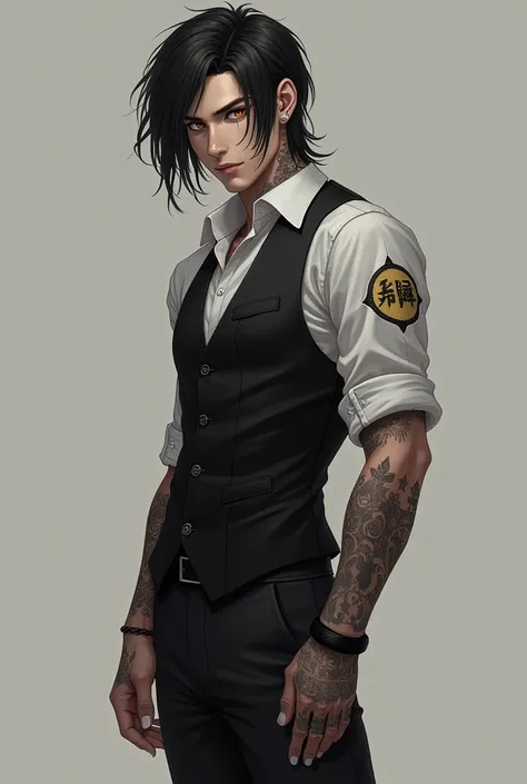  A man with black hair at shoulder height with eyes in an amber color , He wears a white dress shirt with a black vest ,  he wears black pants and we put on a boot of the same color .  He has a black bracelet on his right and his body covered with tattoos ...