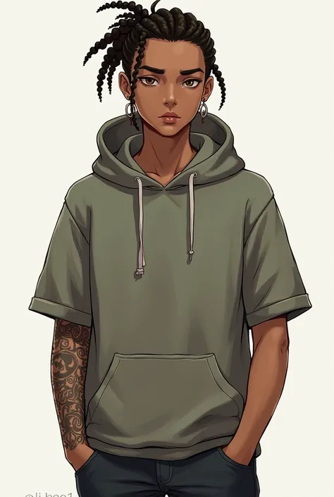 1.  Physical Features : 

- Skin color: Light mixed race

- Cabello :  Braided

- Eye color :  Dark brown 

- Height :  170

- Complexion : delgado.

2. Clothes:  loose-fitting short sleeve hoodie.

3.  expression o actitud:

 expression:
- Eyes:  Dull and...