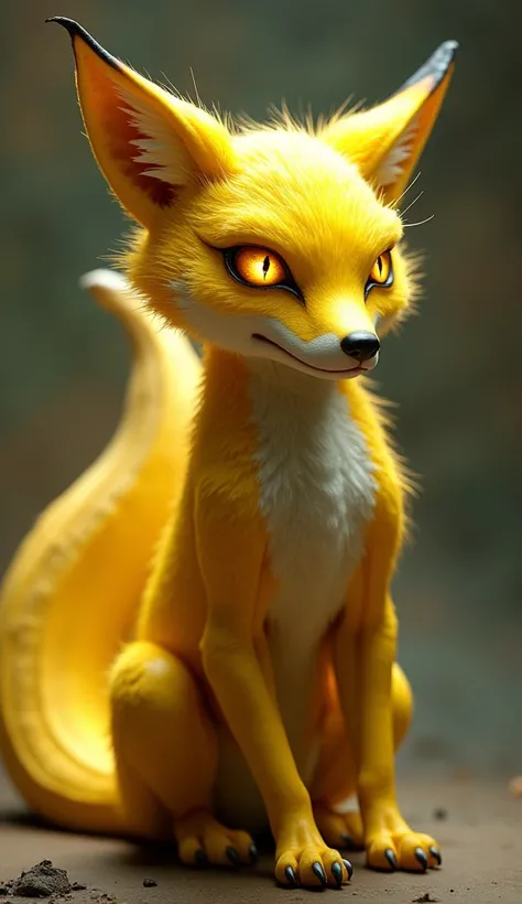 create 32k ultra-realistic, hyper-detailed image of a dangerous, untamed hybrid fusion of a Fox and Banana. The fusion’s body retains the fox’s agile, sleek build, but its fur is now a vibrant, tropical yellow with hints of green, resembling a ripe banana....