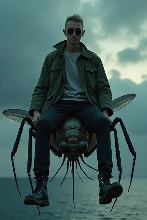 Japanese male, 20 years old, white skin, army green parka jacket with open buttons,Casual gray t-shirt as the undergarment,Black formal trousers, black boots, short spiked bald hair,Pose riding a very very big giant mosquito flying over the sea,Sea backgro...