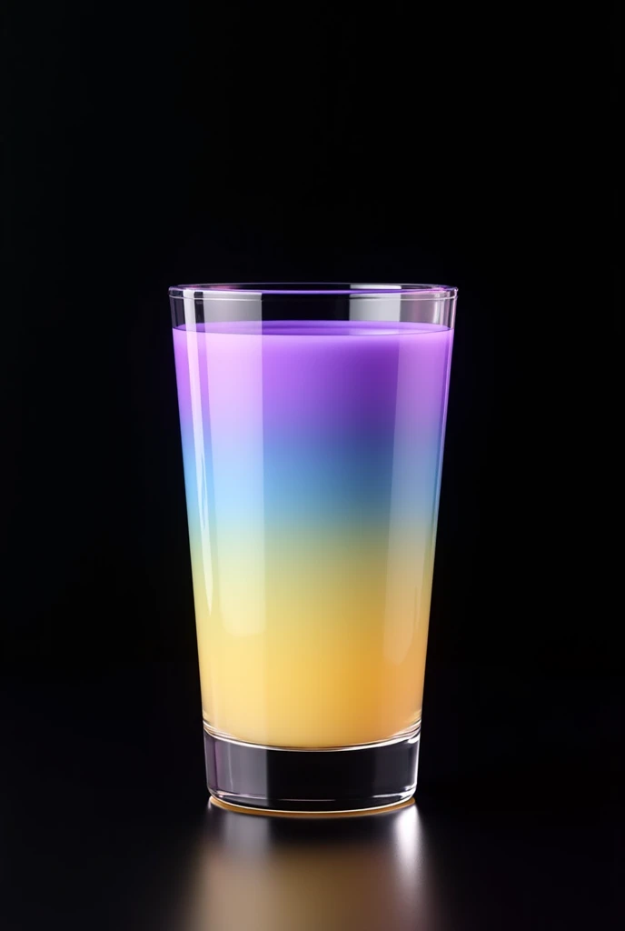 In a short glass of lemonade with a gradation of light yellow, light blue, and purple from the bottom of 3D, The background is a black solid , High definition