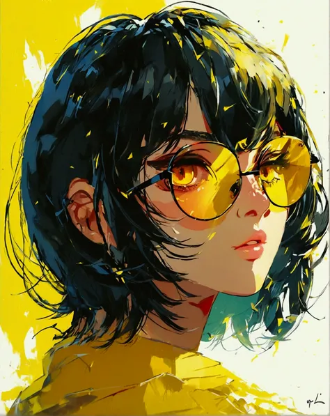 Anime girl wearing sunglasses in her hair, Guweiz style artwork, Digital illustration style, Anime style illustration, Anime style 4k, yellow-eyed, with glowing eyes, style of anime. 8K, by Qu Leilei, author：Hero, persona 5 art style wlop