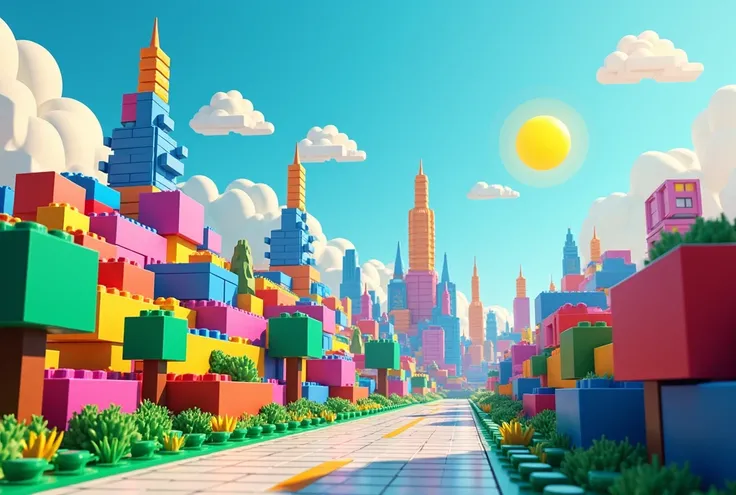 A vibrant block-based environment designed in a modular and colorful style. The setting is a futuristic cityscape with blocky skyscrapers, streets, and vehicles, all made from interlocking rectangular and geometric shapes. The landscape includes abstract t...