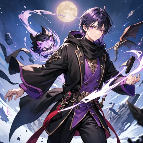 A wizard man with short dark purple hair is wearing a black mask and running through the moonlight