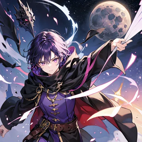 A wizard man with short dark purple hair is wearing a black mask and running through the moonlight