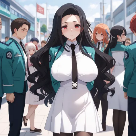 long sleeves, dress, school uniform, pantyhose, necktie, white dress, black necktie, (arms behind back:1.4), breast, (huge breasts:1.15), (blush), 8k masterpiece, (1girl, solo), mayumi saegusa, long hair, black hair, red eyes, ribbon, hair ribbon,