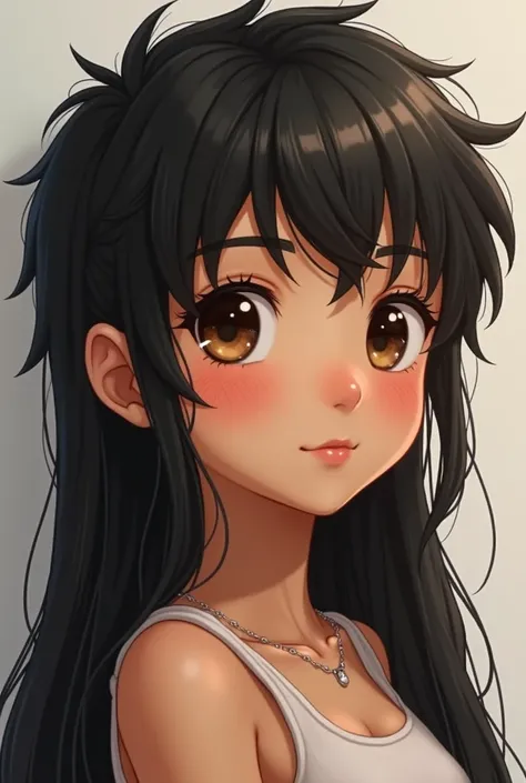 Create person:  Physical Aspects : 1 Teenager white-tan skin tone 2 height 1 .76cm 3 Weight : 58Kl 4 Somewhat long black hair 5 frizzy hairstyle 6 brown eyes 7 forehead length 6 cm 8 unprofiled nose 9 skinny cheeks