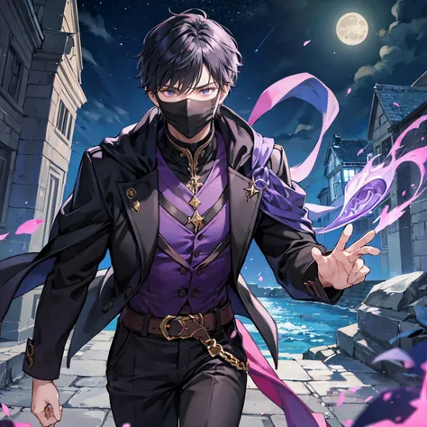 The dark purple short-haired wizard man is running through the moonlight with a black mask on his face