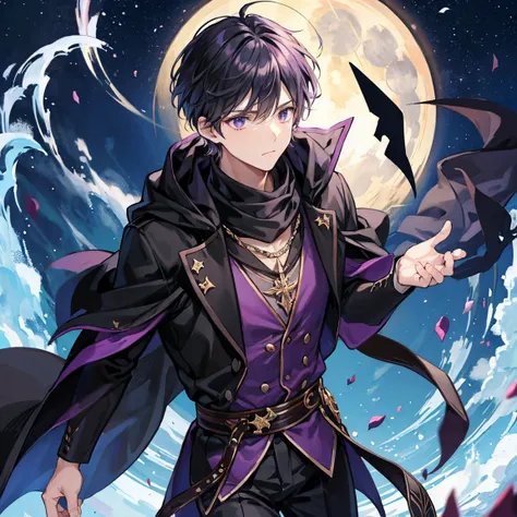 The dark purple short-haired wizard man is running through the moonlight with a black mask on his face