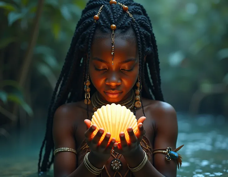 Describe the moment Ada, a dark skin girl with braided hair drinks from the glowing shell and prepares to journey into the ocean with her traditionally prepared charms attached in here Africa native attire,hyper realistic, oily image
