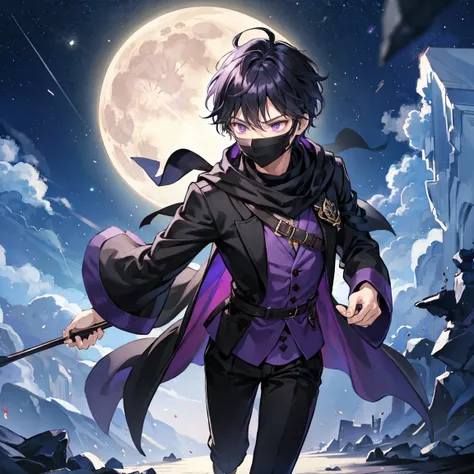 The dark purple short-haired wizard man is running through the moonlight with a black mask on his face
