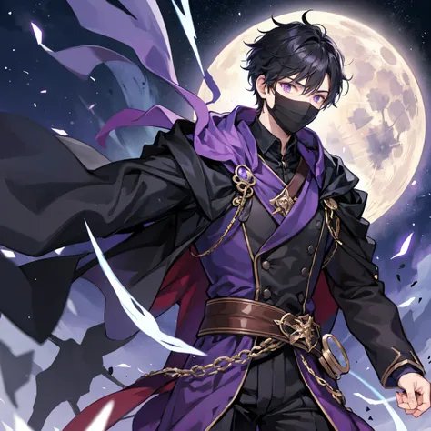 The dark purple short-haired wizard man is running through the moonlight with a black mask on his face
