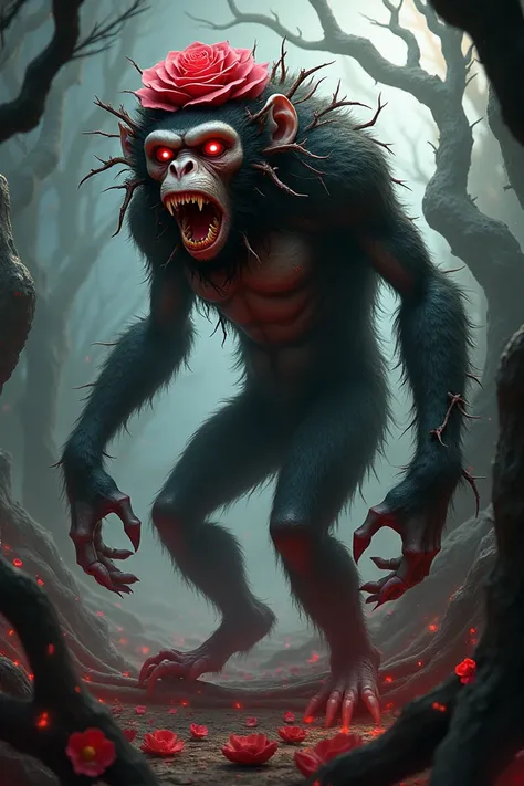 A monstrous hybrid creature combining features of a monkey and a rose into one seamless, terrifying entity. The hybrid has the agile body of a monkey, covered partially in thorny vines, with petals forming a mane around its face. Its eyes glow with menace,...