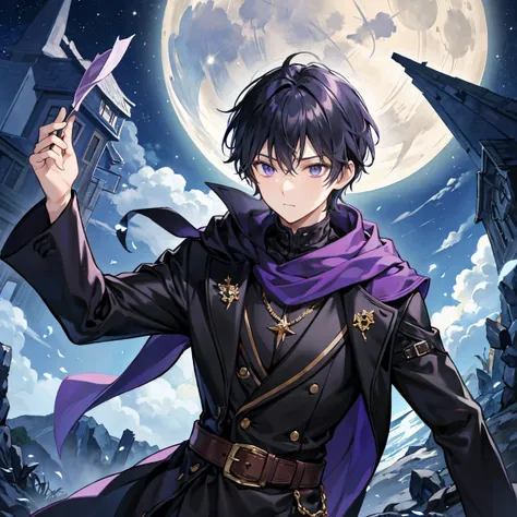 The dark purple short-haired wizard man is running through the moonlight with a black mask on his face