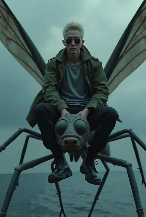 Japanese male, 20 years old, white skin, army green parka jacket with open buttons,Casual gray t-shirt as the undergarment,Black formal trousers, black boots, short spiked bald hair,Pose riding a very very big giant mosquito flying over the sea,Sea backgro...