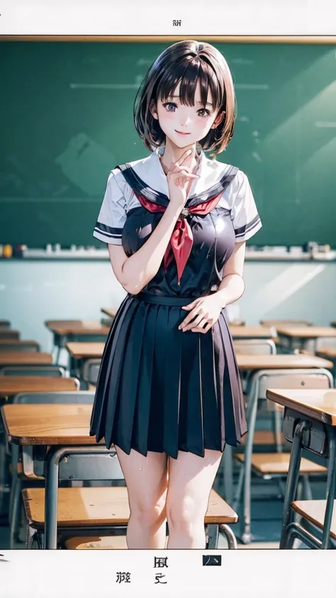  (  school classroom、   blackboard ),1 image、close ~ eye、   Embarrassing   、( smile)、   short hair 、Brown Hair、   They Hesitate   ,、   wet hair  ,   Wakino  , Big Breasts,  realistic   , ( high chroma:1.0),  (   very detailed肌), ( top quality :1.0), ( supe...