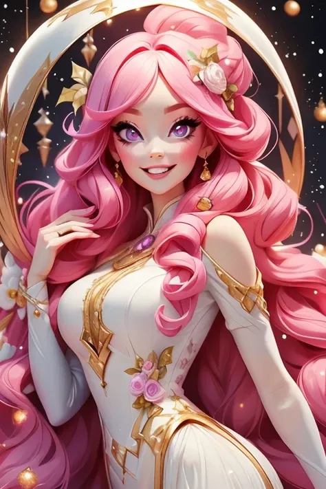 Perfect face. Perfect hands. A pink haired woman with violet eyes and an hourglass figure in a White Christmas dress is smiling in a winter wonderland with a big smile
