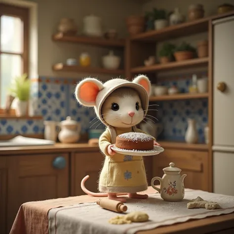  A charming ,  rural scene in a farmhouse kitchen ,  in which a little felt mouse woman is portrayed as a housewife-farmer .  The mouse wears a simple ,  but pretty dress with a floral pattern in warm shades ,  above a practical linen apron .  On her head ...