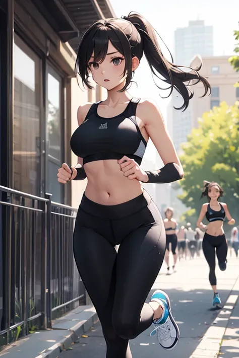 (masterpiece,  top quality, bright), Black long ponytail , Black eyes, black sports bra, A girl in black leggings is running, sunlight, Good weather , summer, shining eyes,  big boobs, white sneakers, park