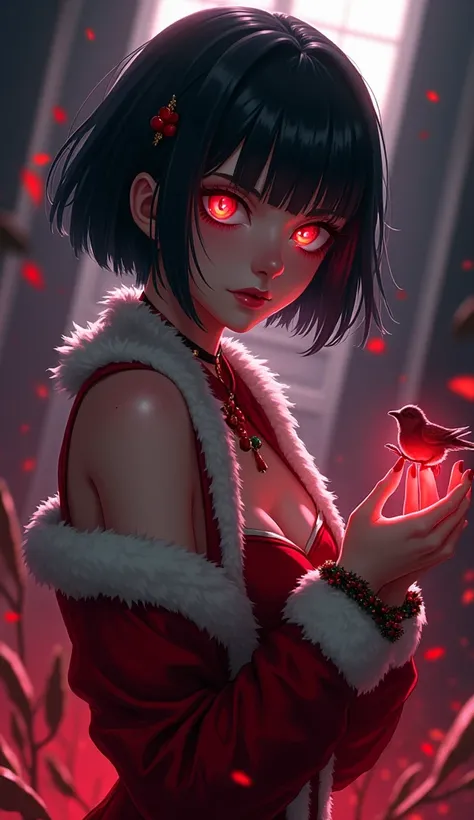 short hair,  anime girl with black hair and red eyes holding a bird, gapmoe Yandere, Yandere, gapmoe Yandere grimdark, akane owari danganronpa, Yandere. high, 2d anime style, retrato gapmoe Yandere grimdark, By Jin Homura, Kill la Kill illustration ,  with...