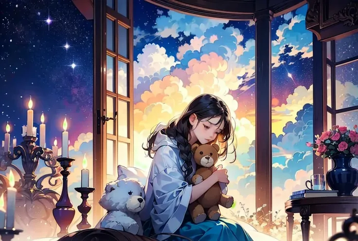 Here’s the MidJourney prompt for the image you provided:

Prompt:
“A magical, dreamlike scene of a young girl with braided hair sitting on a fluffy cloud, holding a teddy bear. The room is cozy, with soft lighting, a flower vase, and a soft glow from strin...