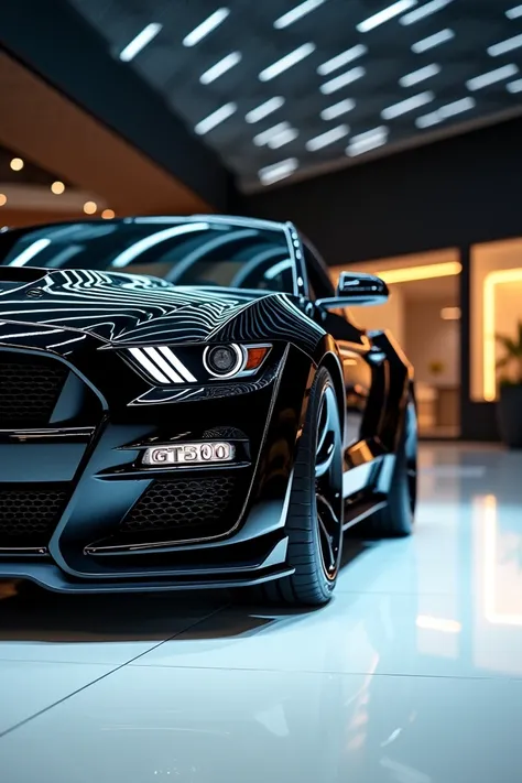 Front side view of paintedgleamy black with shiny clour modern(2025 Shelby GT500
)sleek in large shape sedan in large size with (shelby )logo on its large detailed grille in shiny white refelection falling on car clour with angular sporty design captured f...