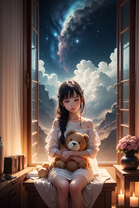 “A magical, dreamlike scene of a young girl with braided hair sitting on a fluffy cloud, holding a teddy bear. The room is cozy, with soft lighting, a flower vase, and a soft glow from string lights around the room. The room transforms into a surreal, magi...