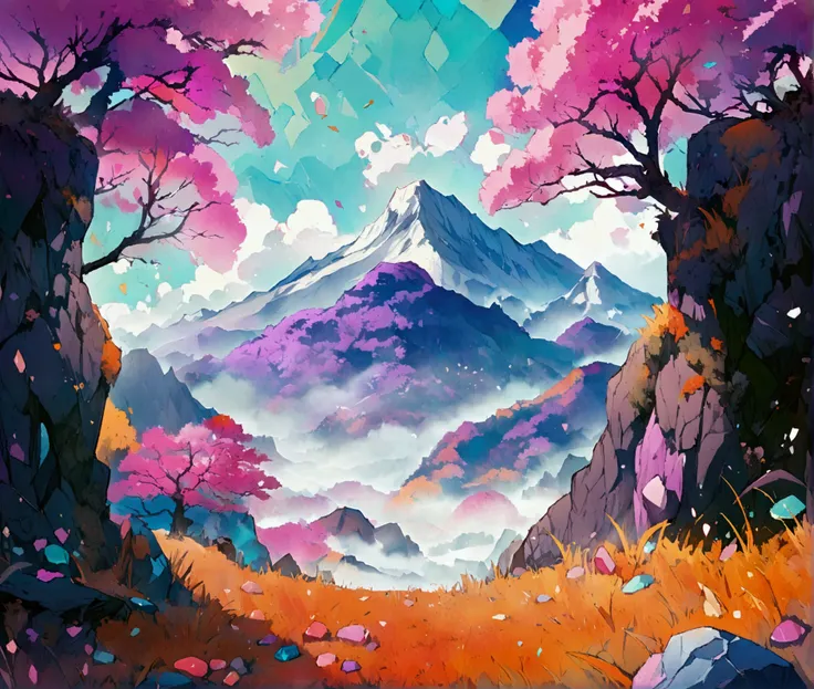 Illustration, top view of the mountain, foggy ground, white sky, purple mountains, orange grass, pink trees, pink vines, colorful rocks, purple trunk.