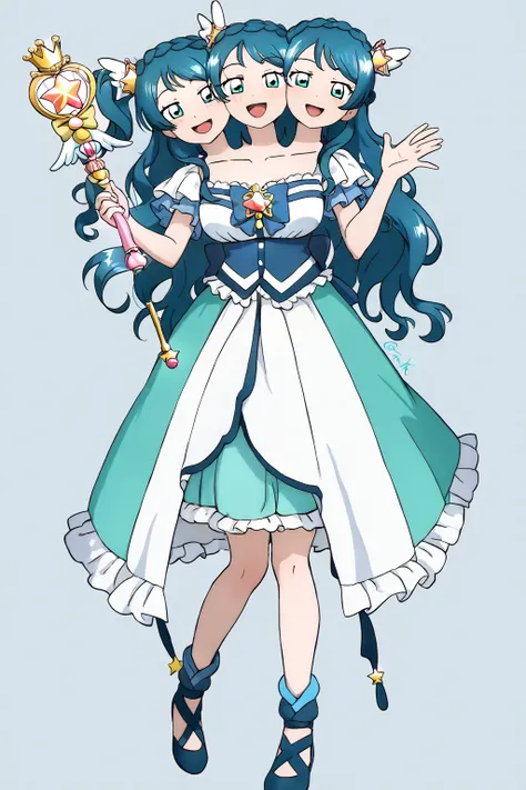 (masterpiece, best quality), (detailed), best resolution, 16k, full body, (conjoined, two heads, three heads:1.5), ((blue magical girl)), magical girl outfit, exposed collarbone, crown braid, ribbon on chest, frilly khaki skirt, a frilly button-down blouse...