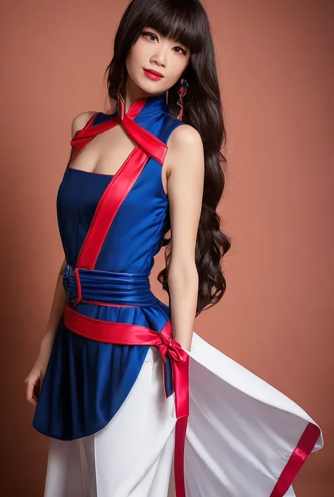 Portrait of a realistic cosplay model wearing an outfit inspired by an anime character (milk dragon ball z).  The model must wear a long oriental-style dress ,  deep blue with red details .  The dress is sleeveless and has a tight high neck with a red embr...