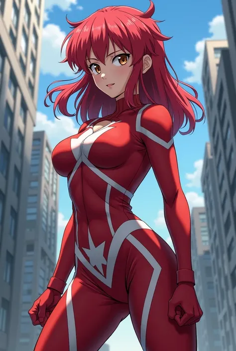  My Hero Academia Style ,   anime girl , woman, young woman ,  full body shot ,( Fighting Stance :1.3),Long Hair, Red Hair,   Brown Eyes , hero suit, Full Body Suit,  red suit with white details, perfect anatomy,  enhanced abs , super detailed,(building:1....