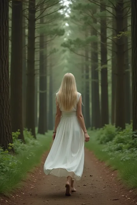 A cinematic shot of the blonde-haired woman walking alone along a forest path. She wears a flowing white dress, and her straight blonde hair moves gently in the breeze. Tall trees surround her, their branches arching above like a cathedral, symbolizing tim...