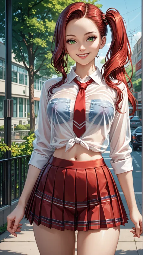 nsfw, masterpiece, best quality, incredible quality, semi-realistic detailed CG, ultra detailed, Sharp Focus, 1 lady, JK, detailed face, detailed green eyes, slight smile, detailed semi-long hair, dark red silky hair, forehead, hair cut in the back, side p...
