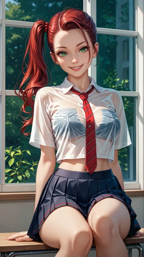 nsfw, masterpiece, best quality, incredible quality, semi-realistic detailed CG, ultra detailed, Sharp Focus, 1 lady, JK, detailed face, detailed green eyes, slight smile, detailed semi-long hair, dark red silky hair, forehead, hair cut in the back, side p...