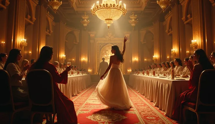  A luxurious banquet hall ,  with a festive atmosphere ,  illuminated by torches and golden chandeliers . in the center,  the daughter of Herodias Perform a graceful dance ,  dressed in elegant clothes ,  with movements that attract the eyes of the guests ...