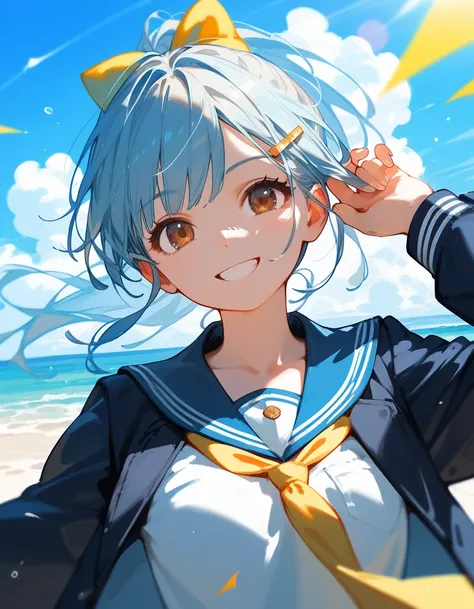 Score_9,Score_8_up,Score_7_up,highest quality, source_anime, highest quality, BREAK 1 girl, high school uniform, shirts, light yellow ribbon, light blue hair, ponytail, (brown eyes), smile, BREAK (seaside, sunshine), BREAK