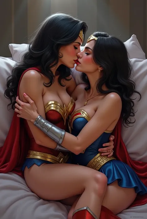 Wonderwoman dan supergirl berberbaring di kamar sambil ciuman