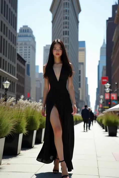 Stylish photography,Korean beautiful Young girl,long black hair, Urban fashion photography, iconic Flatiron Building, New York City streetscape, elegant black long-slit dress, high heels, dynamic pose, long dark hair, sidewalk planters, skyscrapers, bright...