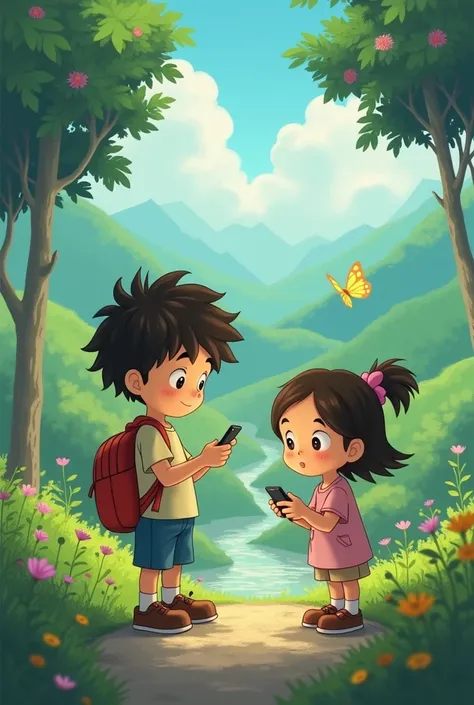 ghibli style where the boy is playing on his phone while the girl watches curiously beside him