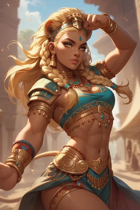 A warrior, African, tanned skin, yellow eyes, blonde box braids, lion headdress, buff, beautiful, dynamic pose, fantasy African style clothing, highly detailed digital art.