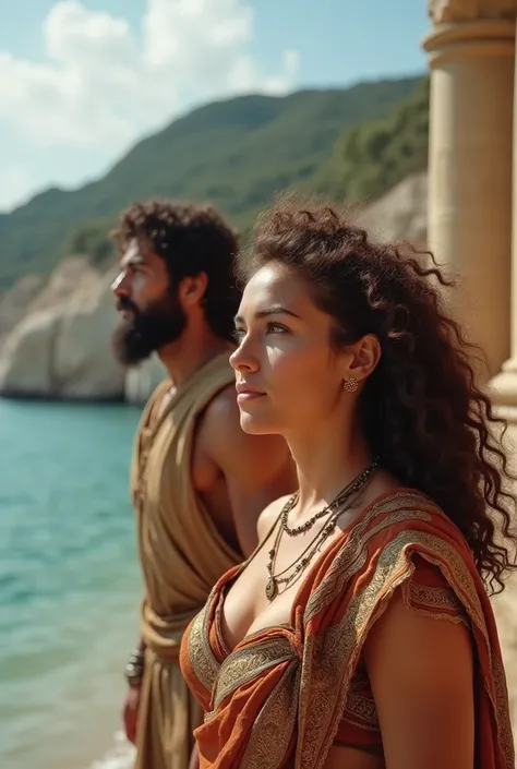 
Create a preview image .  It should show you a woman with curly brown hair and a man named Jason.  They both run from the ship down to the Corinthian land .  It is set in the time of ancient Greece. Both wear appropriate clothing 