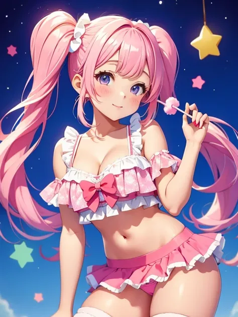 cute little tween lollipop cotton candy girl, pigtails, panties, skimpy top, cleavage