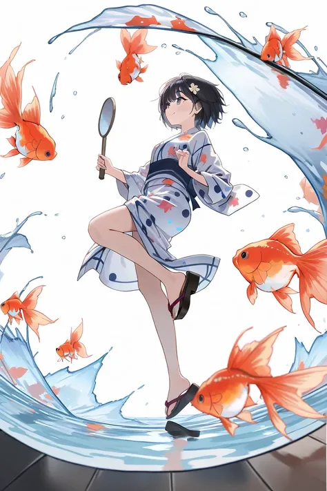 The summer of Ansei 6 (1853) at the end of the Edo period. 
In a white background, a girl in a yukata looks up at the sky and feels the wind.
 Many goldfish with long tail fins are swimming in the air. The air is sparkling.
Raise your right hand and look i...