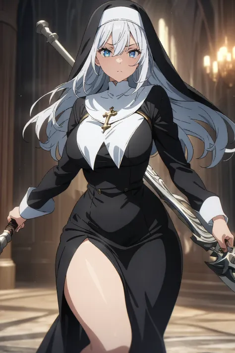 ((((masterpiece)))), ((((Best Quality)))), (anime coloring) ,4k,High resolution,whole body,fine grain,Detailed face,nun,Curvy,action、so beautiful、Beautiful Skin、Beautiful and detailed eyes,has a weapon 