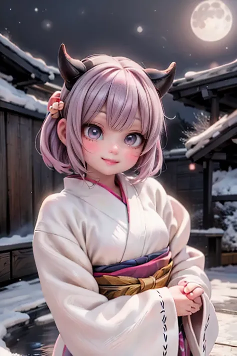 A horned demon girl, adorned in a vibrant yukata, strikes a pose against the backdrop of a snow-covered hot spring at dusk. The nights darkness is illuminated only by the soft glow of the full moon, casting an ethereal ambiance. Frosty mist swirls around h...