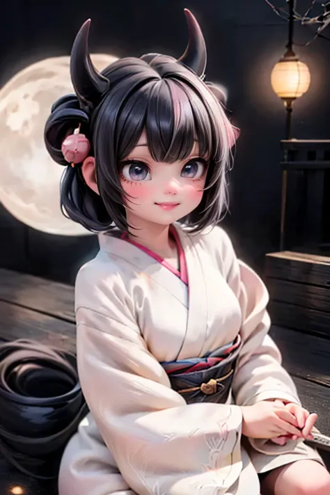 A mystical winter night in Japans hot springs. A horned demon girl, adorned in a vibrant yukata, poses seductively amidst the steamy mist. The crescent moon glows brightly above, casting an ethereal glow on her porcelain skin and fiery locks. Snowflakes ge...