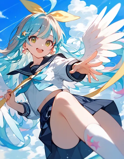 Score_9,Score_8_up,Score_7_up,highest quality, source_anime, highest quality, BREAK 1 girl, high school uniform, shirts, light yellow ribbon, light blue hair, long hair, (brown eyes), smile, (magical shine wings:1.3), (flying), BREAK (seaside, sunshine), B...