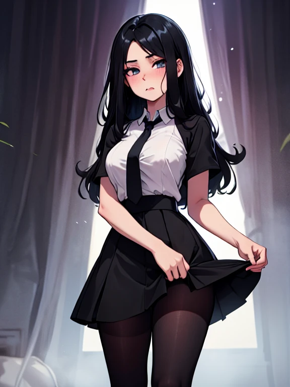  22-year-old white skin almost speaks black hair extremely long black tights tight black sneakers black hair,  hair parted in half black hair parted in the middle,  with your mouth shut, ,  messy hair womens dress blouse Grantilia tie , light long skirt al...